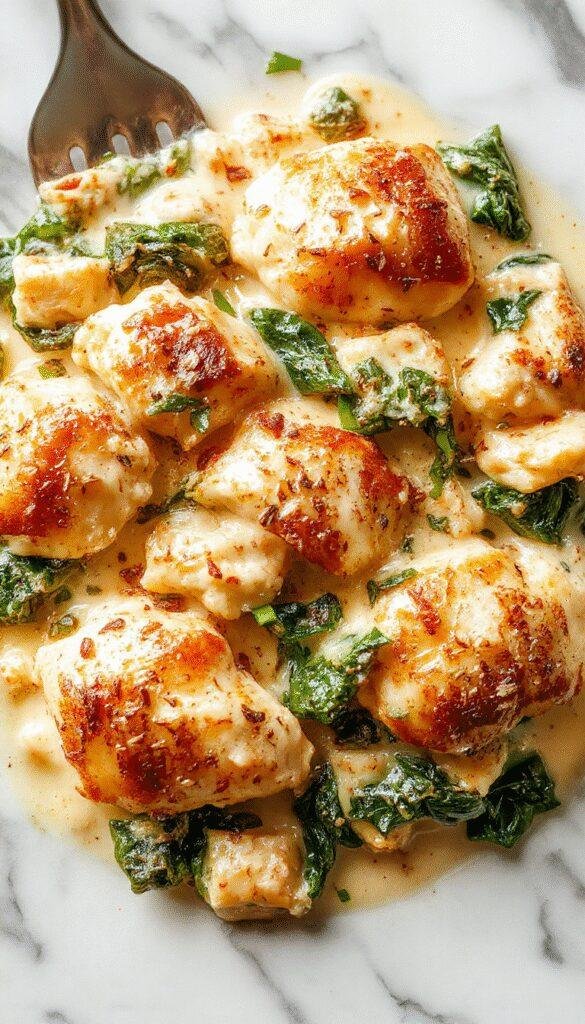 A vibrant and inviting chicken and spinach casserole served in a white ceramic dish, topped with melted golden cream cheese and garnished with fresh herbs. The dish showcases tender shredded chicken, bright green spinach, and a creamy sauce with a bubbly golden crust, styled on a rustic wooden table with a spatula and fresh spinach leaves scattered nearby.