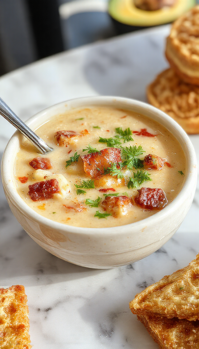A steaming bowl of creamy cowboy soup featuring chunks of tender beef, vibrant vegetables, and a smooth, velvety broth presented in a rustic white bowl on a wooden table, garnished with fresh herbs and serving utensils nearby.