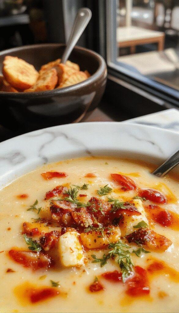 A vibrant bowl of creamy cowboy soup garnished with fresh herbs, showing chunks of tender meat, vegetables, and a smooth, velvety texture. The soup is served in a rustic bowl on a wooden table, with a side of crusty bread and sprigs of herbs for decoration, highlighting the warm, inviting colors and rich, hearty ingredients.