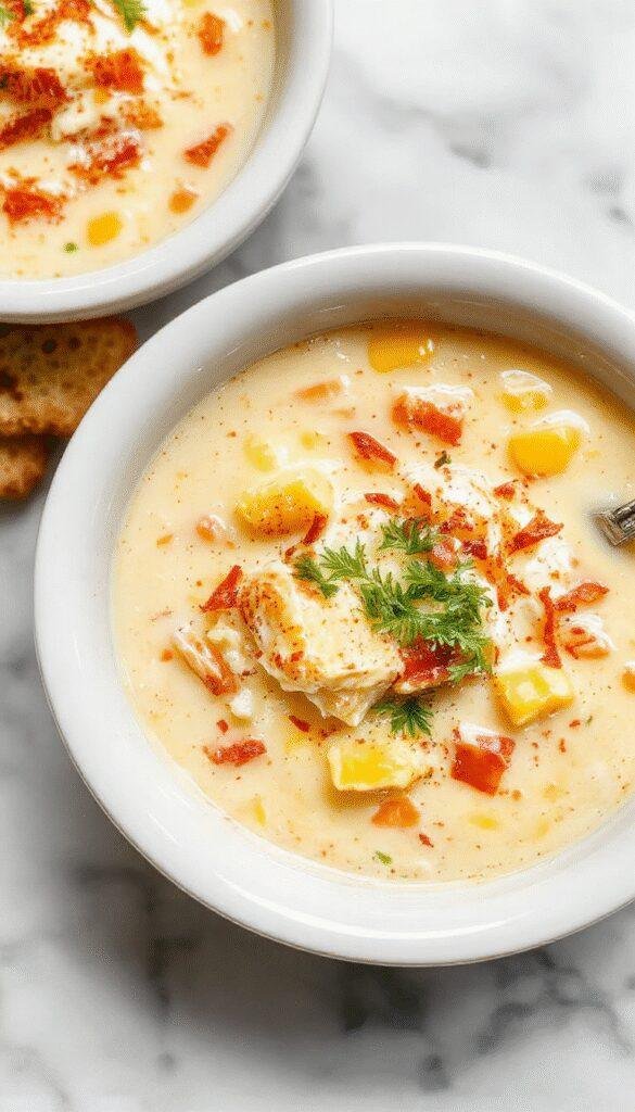 A steaming bowl of creamy chicken corn chowder with chunks of tender chicken, bright yellow corn, and a smooth, velvety texture garnished with chopped parsley, served in a rustic white bowl on a wooden table with fresh herbs and a spoon beside it, showcasing a warm, inviting dish.
