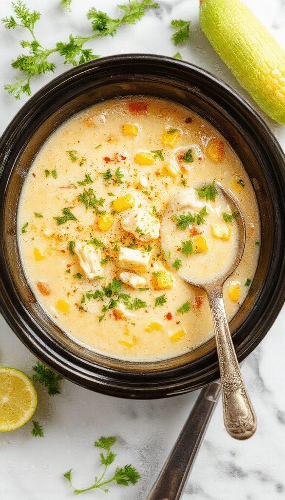 A steaming bowl of creamy chicken corn chowder garnished with chopped green herbs and a sprinkle of black pepper, set on a rustic wooden table with fresh corn cobs and herbs in the background, highlighting the rich textures and vibrant yellow corn contrasting with the tender shredded chicken.