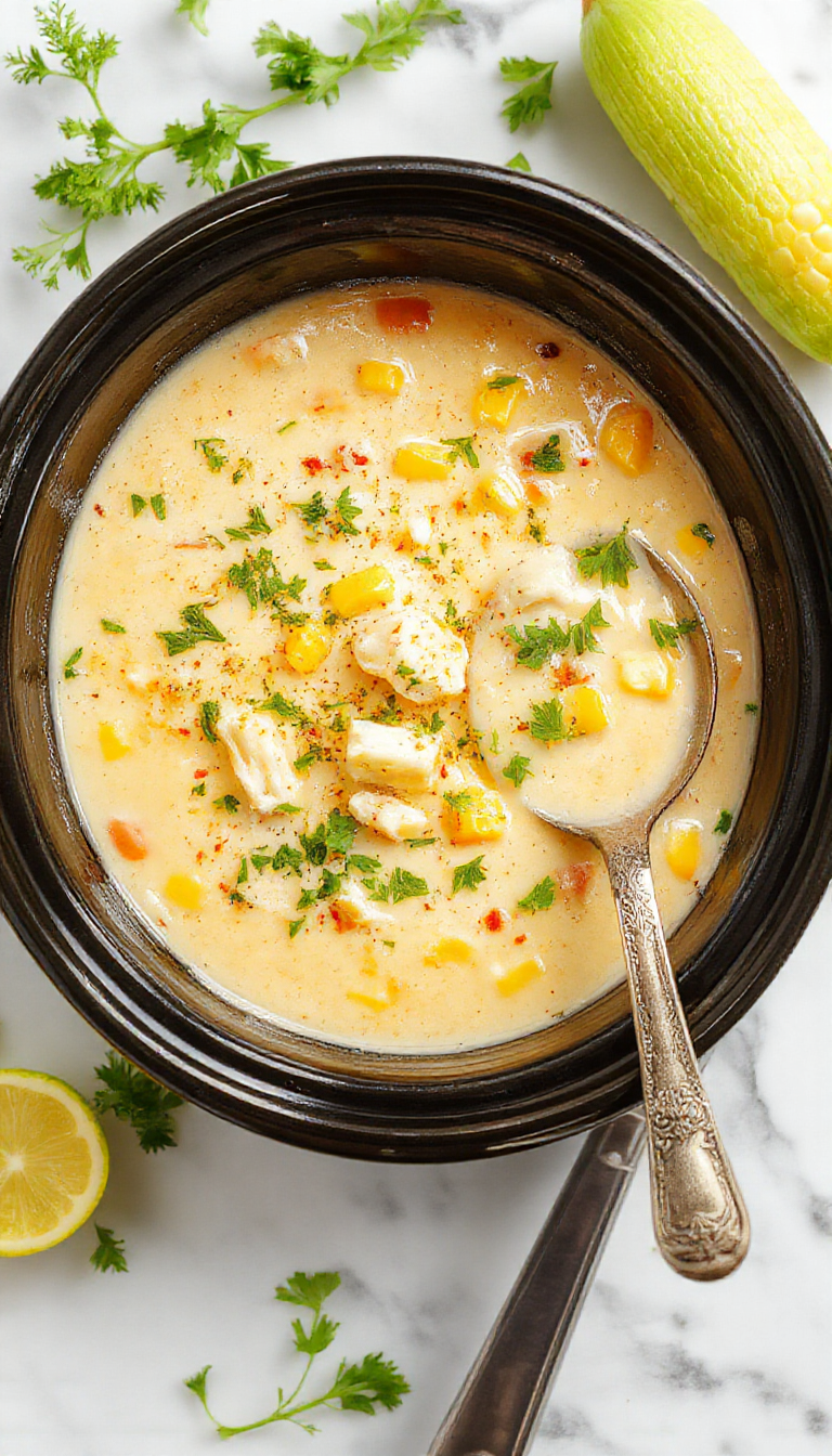 A steaming bowl of creamy chicken corn chowder garnished with chopped green herbs and a sprinkle of black pepper, set on a rustic wooden table with fresh corn cobs and herbs in the background, highlighting the rich textures and vibrant yellow corn contrasting with the tender shredded chicken.