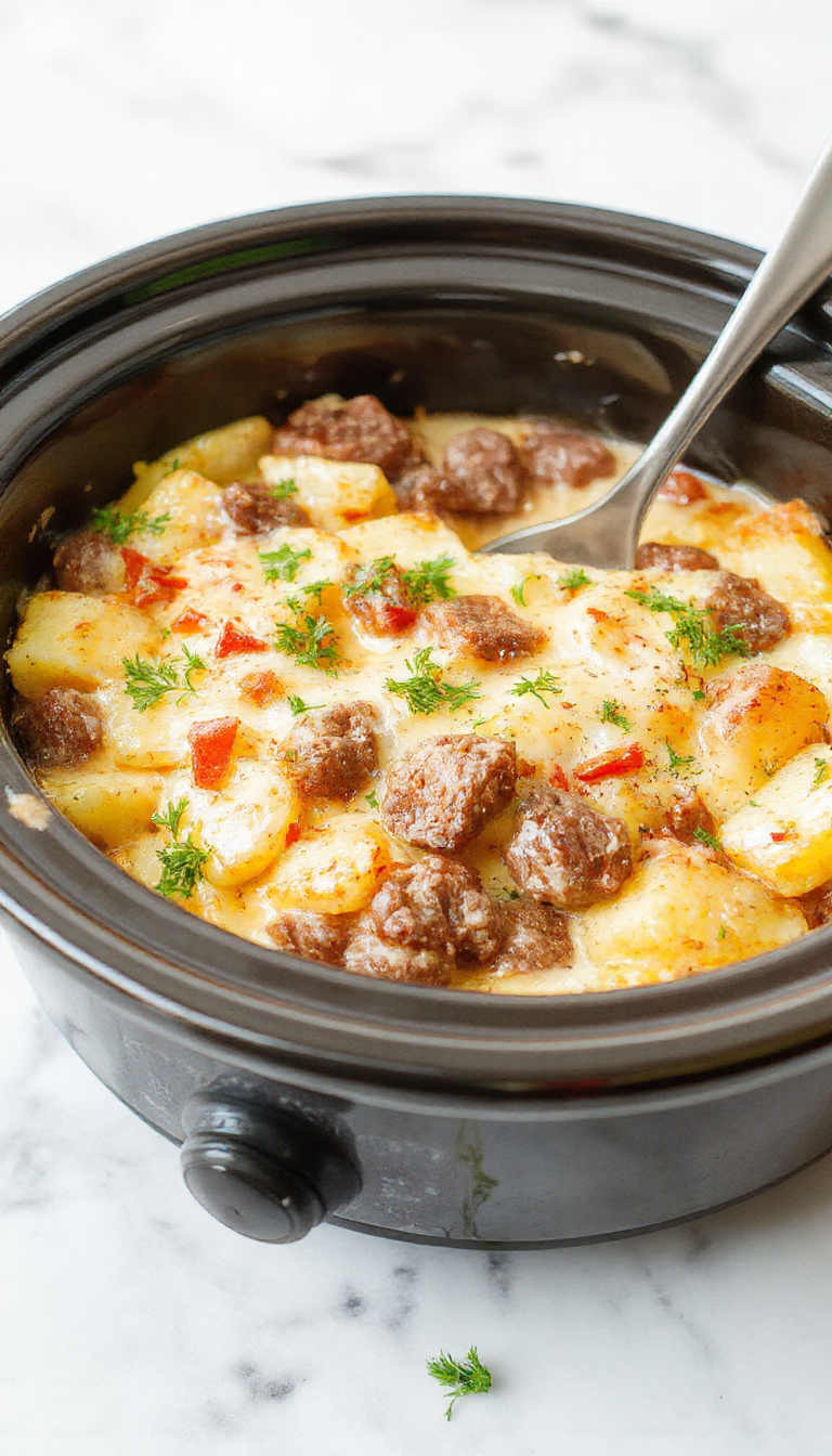 A vibrant plated crockpot hamburger potato casserole featuring layers of golden-brown mashed potatoes, seasoned ground beef, melted cheese, and fresh chopped herbs, styled on a rustic wooden table with a spoon and side vegetables