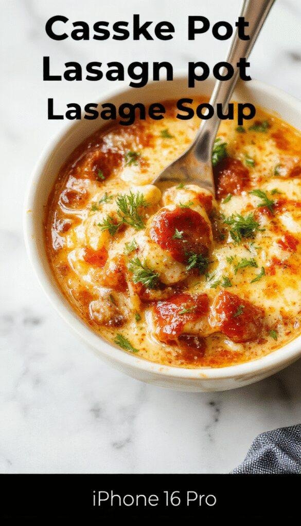 A bowl of steaming lasagna soup with layers of melted cheese, rich tomato broth, and tender pasta, garnished with fresh basil and grated Parmesan on a rustic wooden table.