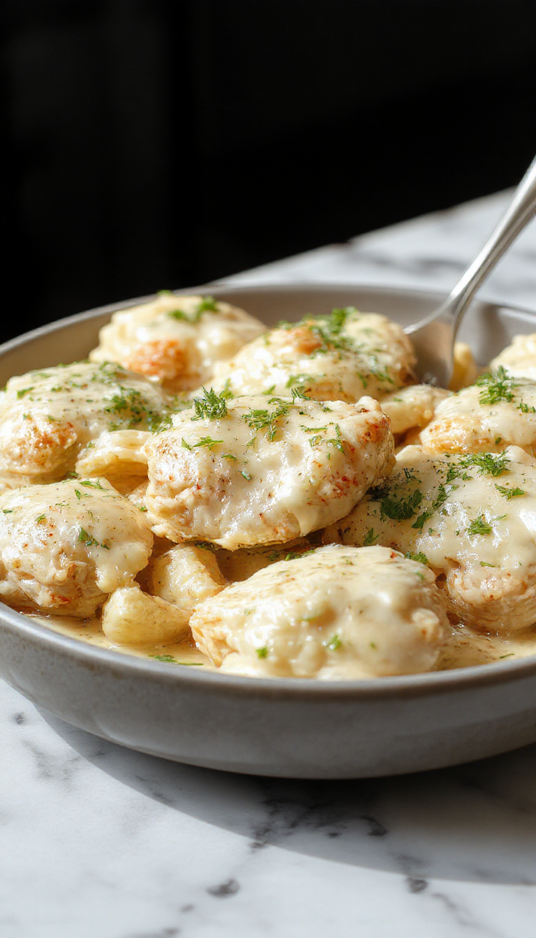 Colorful plate featuring golden-brown chicken bites coated in rich garlic butter sauce, served atop creamy pasta with fresh parsley garnish, styled with a rustic wooden background and vibrant ingredients.
