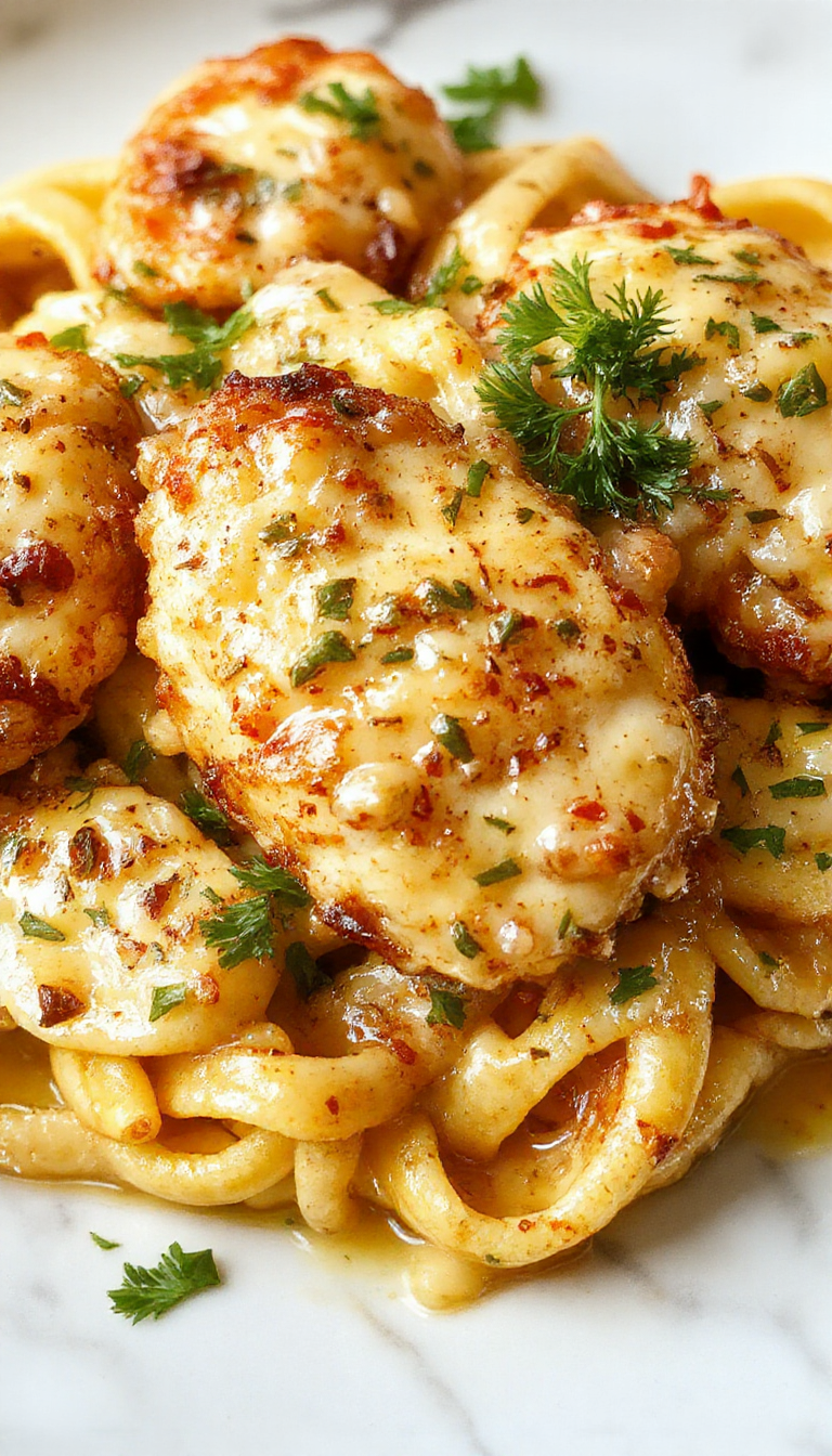 A close-up shot of golden-brown chicken bites coated in garlic butter sauce, garnished with fresh parsley, served over a creamy, smooth pasta with a glossy finish, bright ambient lighting highlighting the rich textures and vibrant colors of the dish.