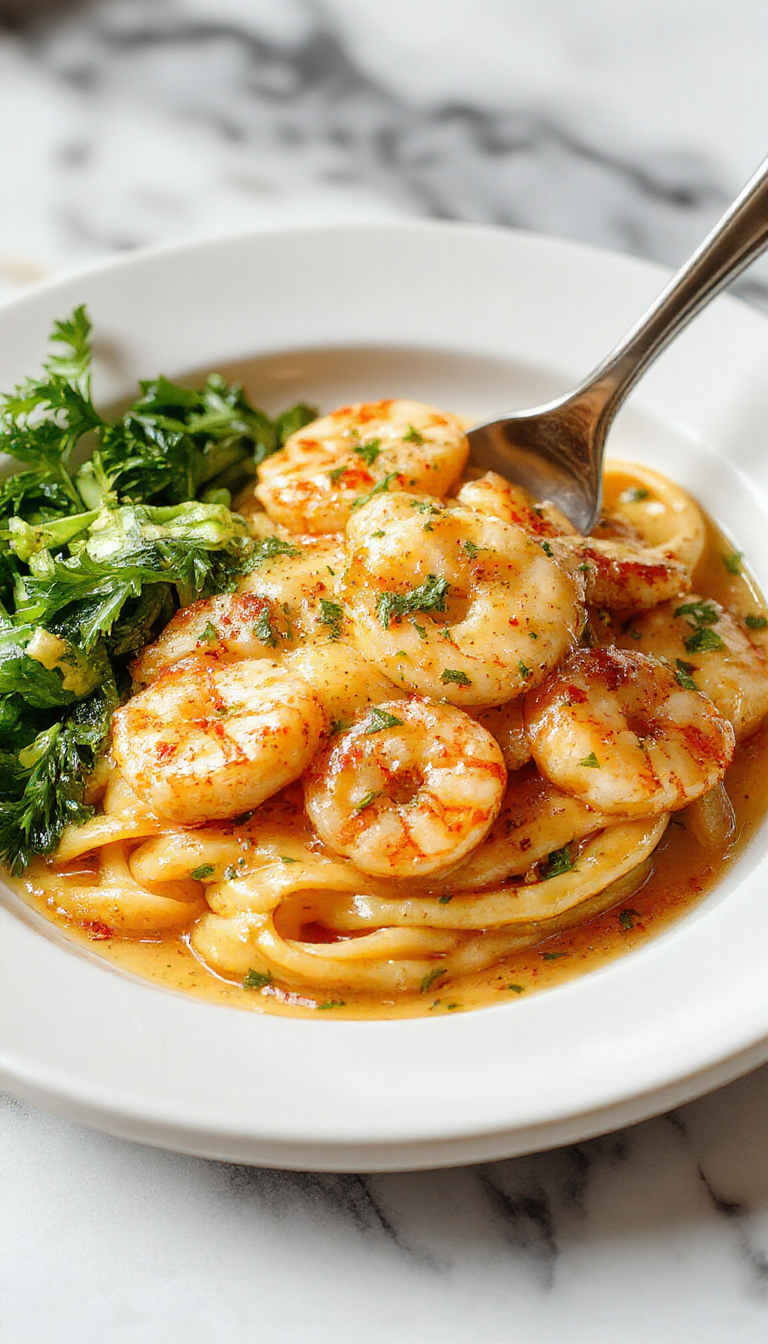 A vibrant plate of shrimp pasta featuring golden garlic butter sauce coating plump pink shrimp and al dente spaghetti, garnished with fresh parsley and lemon wedges, styled on a rustic wooden table with a sprinkle of herbs and a teasing drizzle of sauce in a bright setting.