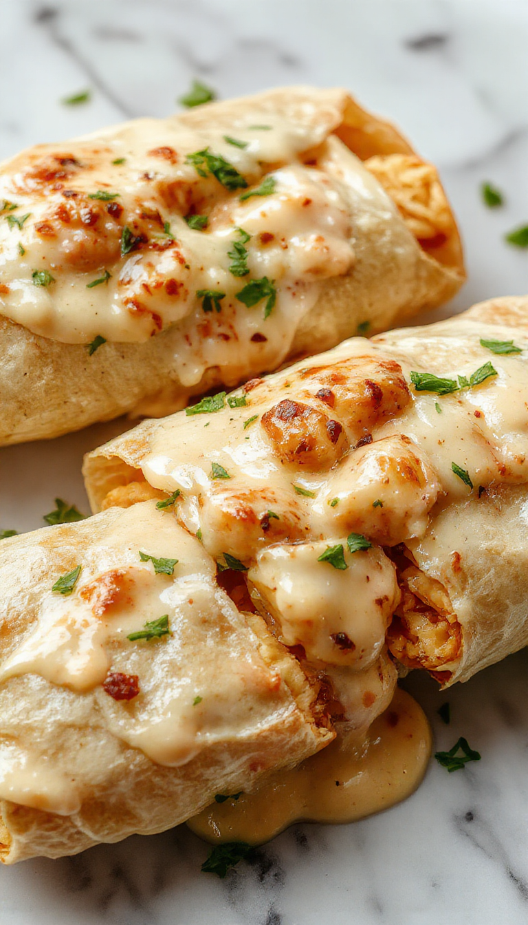 Colorful platter featuring golden-brown chicken wraps filled with melted cheese and fresh herbs, garnished with chopped parsley and drizzled with garlic sauce, styled on a rustic wooden table with vibrant ingredients around.