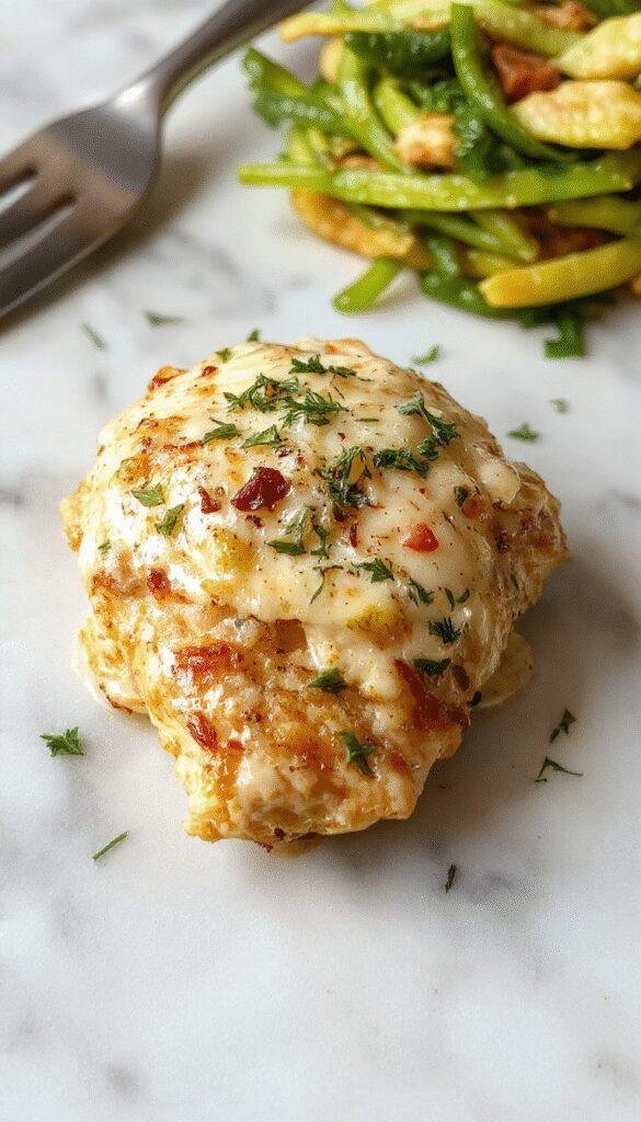 A close-up of a luscious creamy garlic parmesan chicken dish served on a white plate, garnished with chopped parsley. The chicken has a golden-brown exterior with a rich, velvety cheese and garlic sauce drizzled generously over it. Vibrant green herbs provide a colorful contrast against the creamy sauce, and the dish's textures highlight tender, juicy chicken with a smooth, cheesy topping.