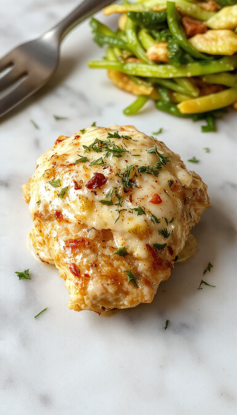 A close-up of a luscious creamy garlic parmesan chicken dish served on a white plate, garnished with chopped parsley. The chicken has a golden-brown exterior with a rich, velvety cheese and garlic sauce drizzled generously over it. Vibrant green herbs provide a colorful contrast against the creamy sauce, and the dish's textures highlight tender, juicy chicken with a smooth, cheesy topping.