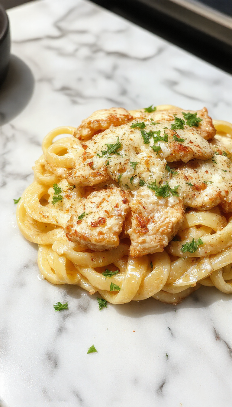 A vibrant plate of creamy garlic Parmesan chicken pasta with golden-brown chicken pieces, generously coated in a smooth, glossy sauce. The pasta is perfectly al dente, garnished with freshly grated Parmesan and chopped parsley, arranged elegantly on a white ceramic plate with a rustic wooden table background.