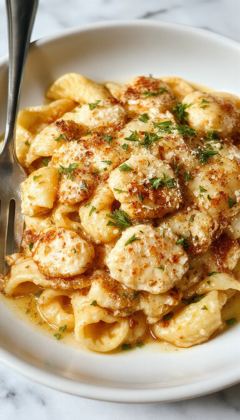 A close-up of a vibrant plate of garlic parmesan chicken pasta with golden-brown grilled chicken slices atop creamy, cheesy pasta, garnished with fresh parsley and sprinkled with grated parmesan. The dish is presented on a rustic wooden table with a fork twirling the pasta, showcasing the luscious texture and rich flavors.