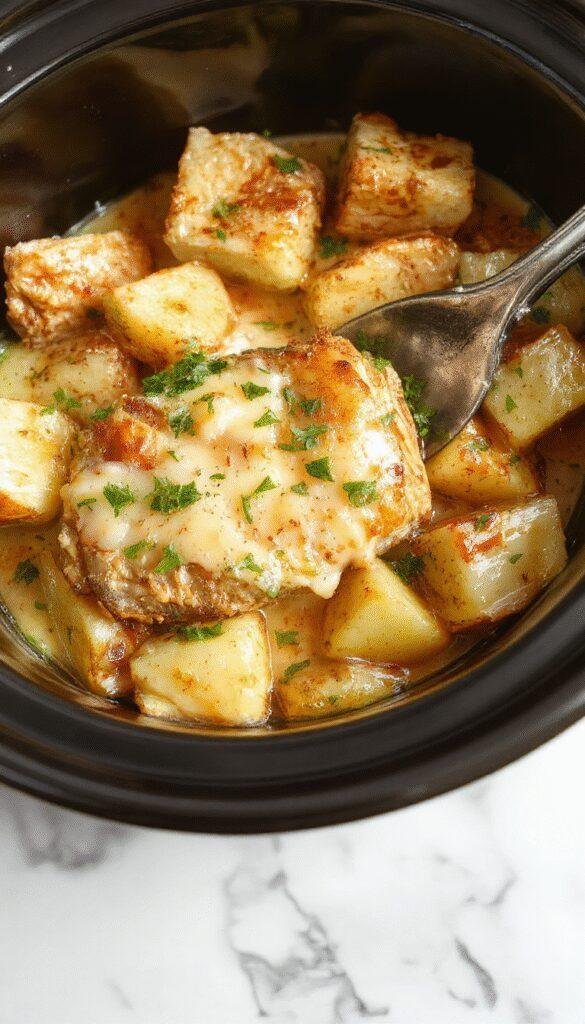 A savory dish featuring golden-brown shredded chicken and roasted potatoes coated in rich garlic Parmesan sauce, served in a rustic white bowl with fresh parsley garnish, steaming and appetizing, styled on a wooden table with a sprig of garlic and Parmesan cheese nearby.