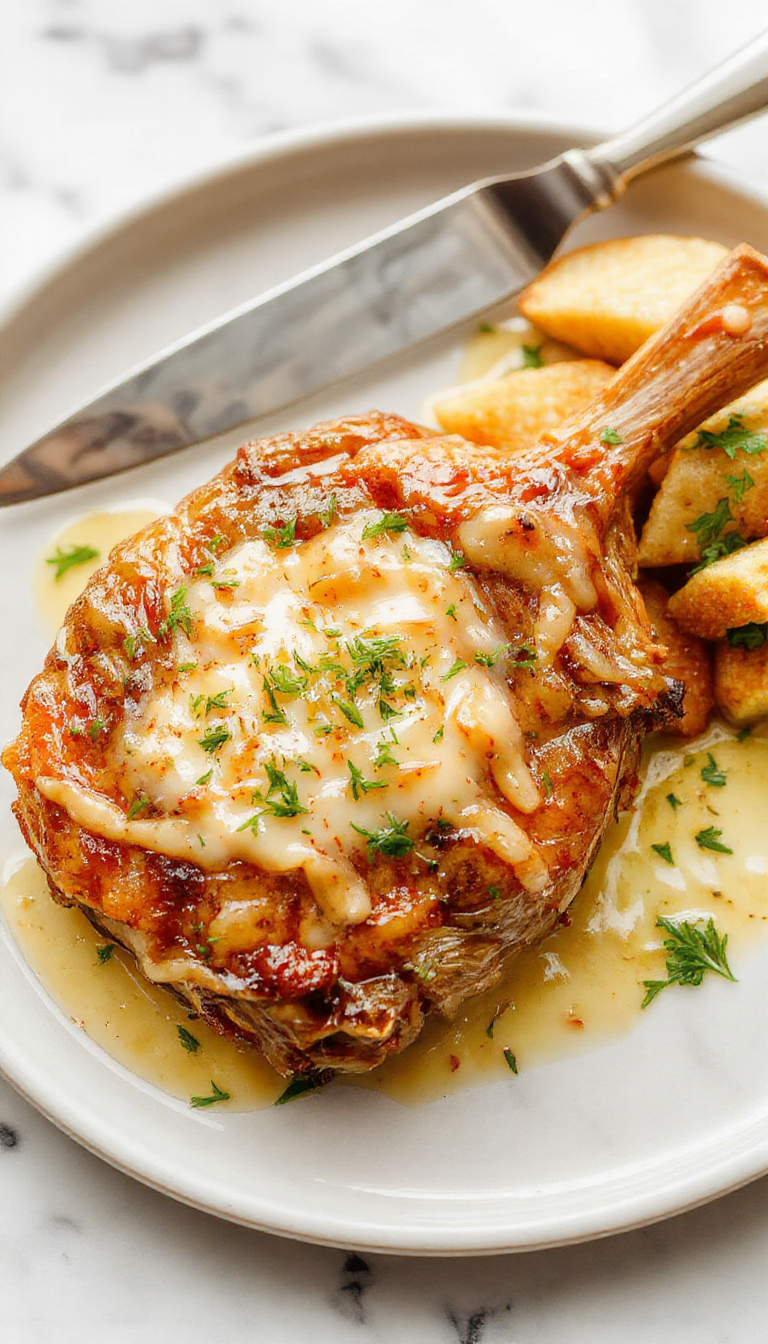 Golden-brown pork chops topped with a creamy white garlic parmesan sauce, garnished with chopped parsley, served on a rustic white plate with a side of roasted vegetables, the sauce glistening and creamy textures visible, vibrant green herbs add a fresh contrast.