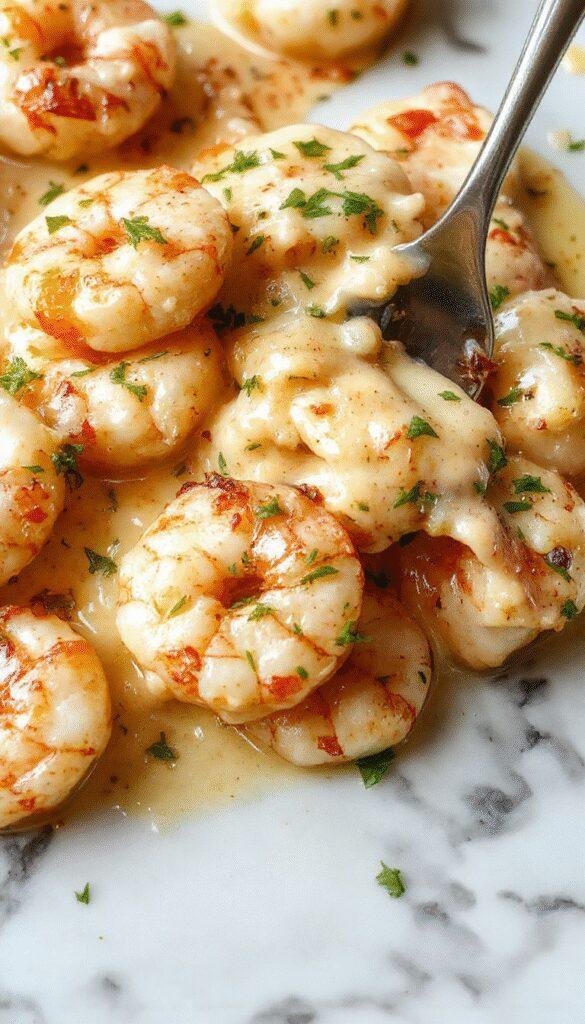 A vibrant plate of creamy garlic shrimp garnished with fresh parsley, served atop a bed of al dente pasta with a rich, glossy sauce contrasting with the bright green herbs and the pinkish-white shrimp, styled on a rustic wooden table with a lemon wedge on the side.