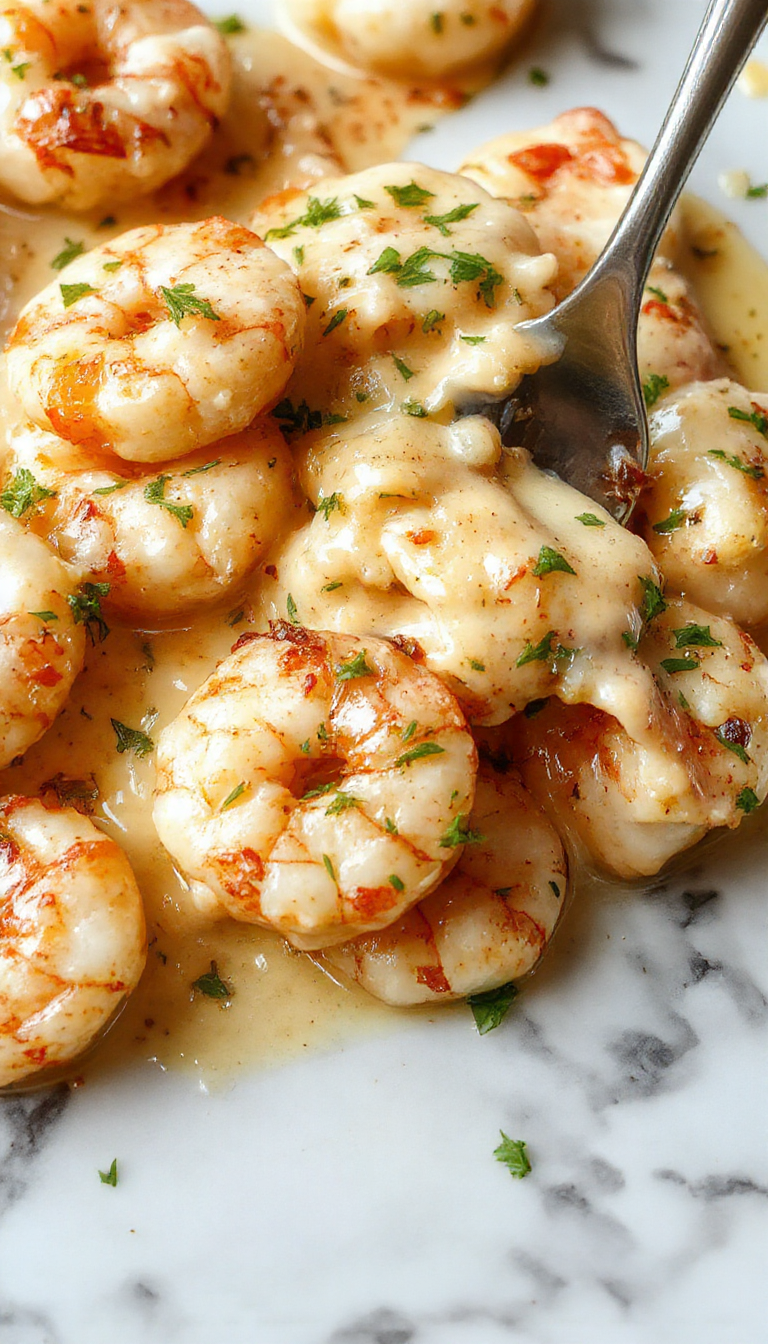 A vibrant plate of creamy garlic shrimp garnished with fresh parsley, served atop a bed of al dente pasta with a rich, glossy sauce contrasting with the bright green herbs and the pinkish-white shrimp, styled on a rustic wooden table with a lemon wedge on the side.