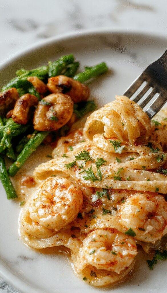A vibrant plate of creamy garlic shrimp pasta garnished with fresh parsley, featuring tender shrimp nestled in a rich, velvety sauce with al dente pasta, set on a rustic wooden table with a lemon wedge and garlic cloves for garnish