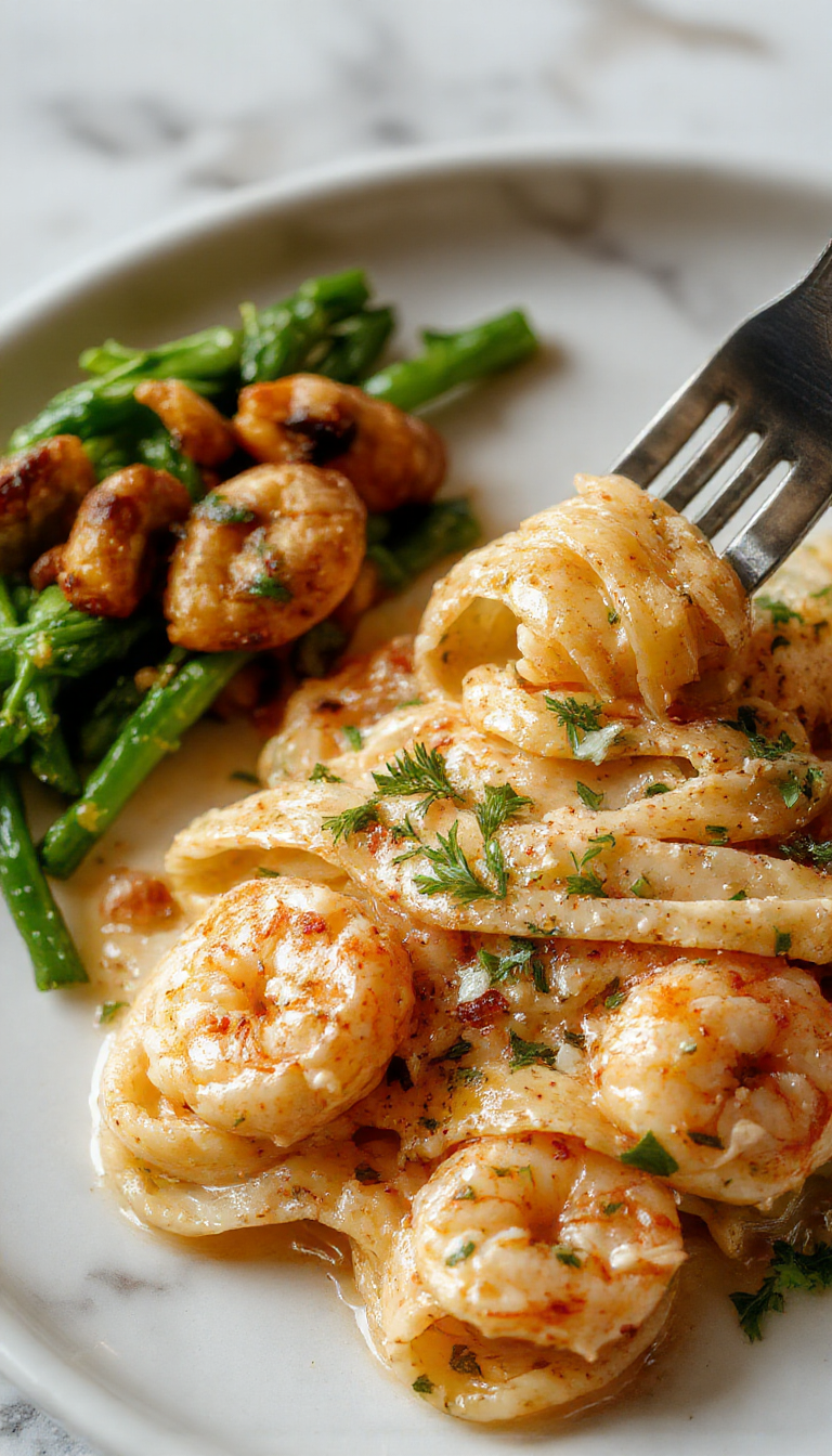 A vibrant plate of creamy garlic shrimp pasta garnished with fresh parsley, featuring tender shrimp nestled in a rich, velvety sauce with al dente pasta, set on a rustic wooden table with a lemon wedge and garlic cloves for garnish
