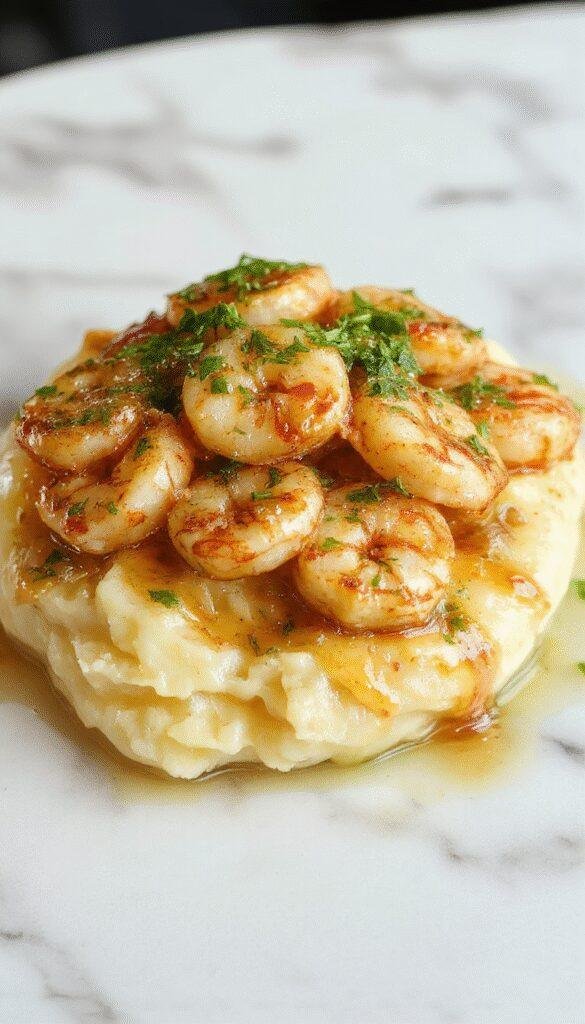 Colorful plate featuring creamy garlic shrimp with succulent pink shrimp coated in smooth white sauce, garnished with fresh parsley, served over creamy mashed potatoes with a golden-brown crust, surrounded by vibrant green herbs and a rustic wooden table background.