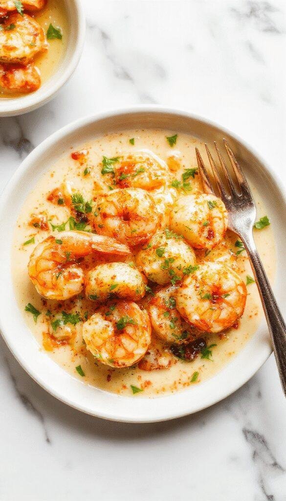A close-up of a white plate featuring succulent pink shrimp coated in a velvety creamy garlic sauce, garnished with chopped parsley. The dish is presented on a rustic wooden surface with a background of fresh garlic cloves, lemon wedges, and sprigs of herbs, emphasizing the rich textures and vibrant colors of the seafood and sauce.