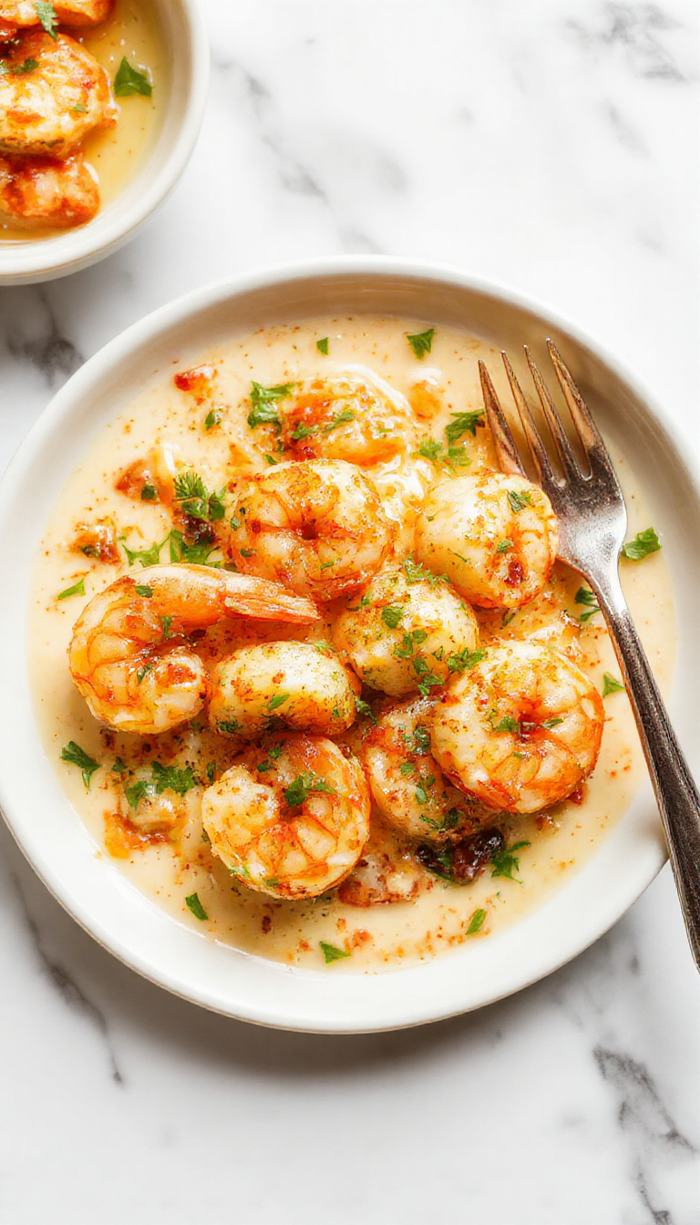 A close-up of a white plate featuring succulent pink shrimp coated in a velvety creamy garlic sauce, garnished with chopped parsley. The dish is presented on a rustic wooden surface with a background of fresh garlic cloves, lemon wedges, and sprigs of herbs, emphasizing the rich textures and vibrant colors of the seafood and sauce.