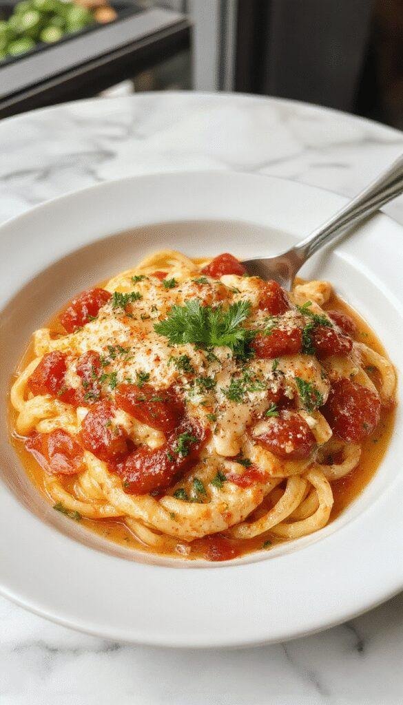 A vibrant plate of creamy garlic tomato pasta featuring al dente spaghetti coated in a rich, velvety sauce with fresh cherry tomatoes and chopped parsley, served on a white ceramic dish with a drizzle of olive oil and a sprinkle of grated parmesan, set against a rustic wooden background with natural lighting highlighting the textures.