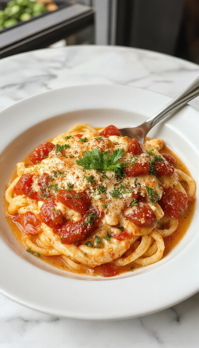 A vibrant plate of creamy garlic tomato pasta featuring al dente spaghetti coated in a rich, velvety sauce with fresh cherry tomatoes and chopped parsley, served on a white ceramic dish with a drizzle of olive oil and a sprinkle of grated parmesan, set against a rustic wooden background with natural lighting highlighting the textures.