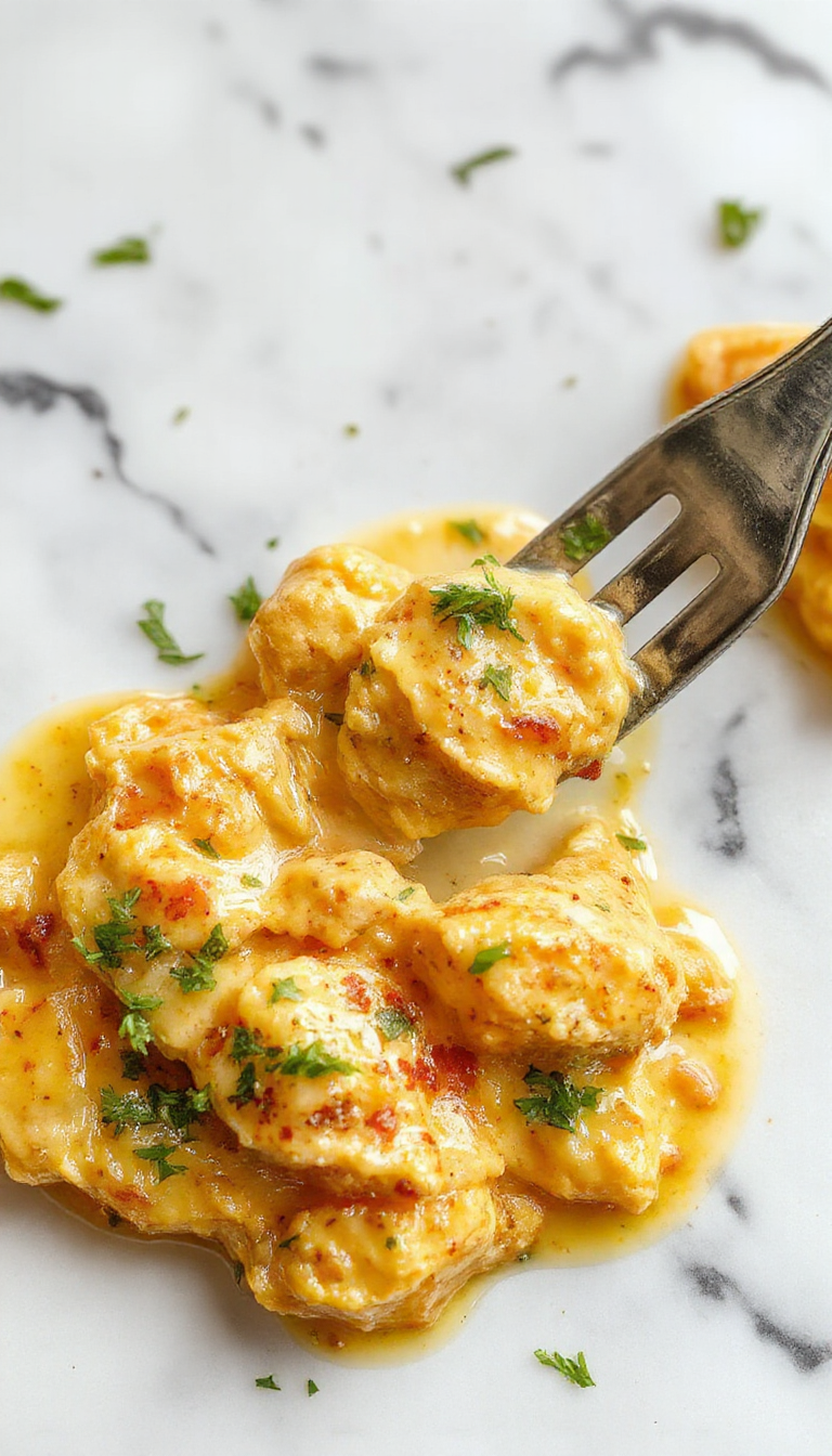 A vibrant plate of butter chicken featuring tender chicken pieces coated in a rich, creamy orange sauce. The dish is garnished with fresh coriander and served alongside steaming jasmine rice. The glossy sauce glistens under warm lighting, with glimpses of butter and spices visible, styled on a rustic wooden table with a colorful background.