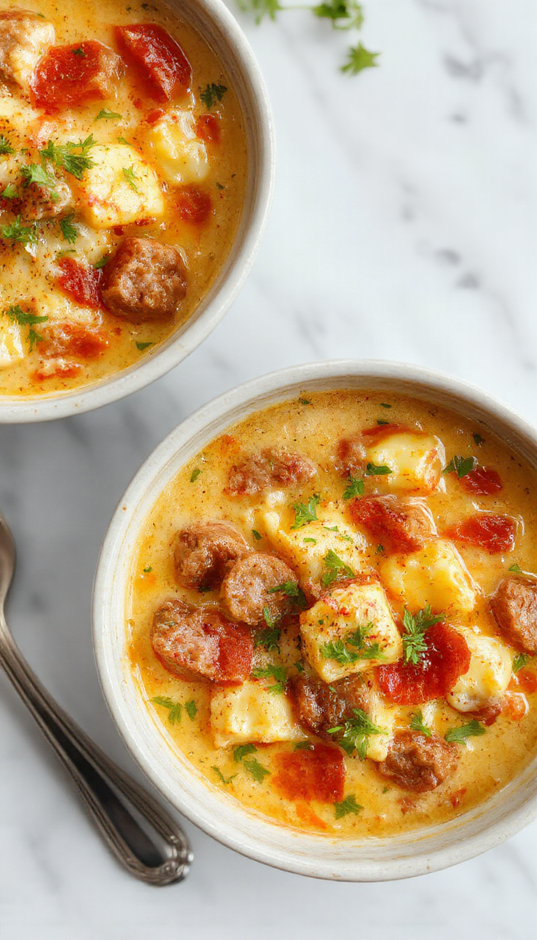 A steaming bowl of creamy Italian sausage gnocchi soup featuring golden-brown sausage slices, soft gnocchi, vibrant green spinach, and a rich, creamy broth garnished with fresh herbs, all captured in a rustic bowl on a wooden table with a spoon resting beside.