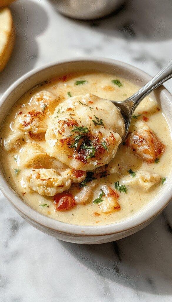 A bowl of creamy chicken pot pie soup garnished with fresh herbs, showing a rich, velvety texture with chunks of tender chicken, vegetables, and a golden crust topping on a rustic wooden table background.