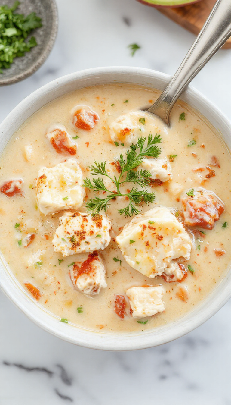 A vibrant bowl of creamy white chicken chili topped with shredded cheese and fresh cilantro, served on a rustic wooden table with a spoon, steam rising, showcasing hearty textures and a cozy fall vibe in warm colors.
