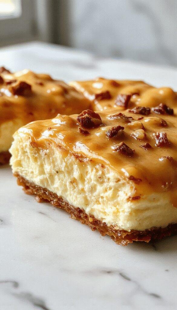 A rich and creamy butterscotch cheesecake on a elegant white plate, topped with glossy butterscotch sauce and sprinkled with toasted pecans. The cheesecake has a smooth, dense texture with a golden-brown crust at the base, garnished with whipped cream and caramel drizzles. Bright natural lighting highlights the luscious filling, creating an inviting and decadent dessert presentation.