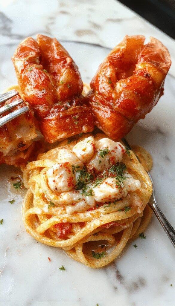 A close-up view of a creamy lobster pasta dish served in a white bowl, featuring tender lobster pieces atop al dente pasta coated in a rich, velvety white sauce. Garnished with fresh chopped parsley and a sprinkle of grated Parmesan, the vibrant orange lobster contrasts beautifully with the pale sauce and golden pasta. The background includes a rustic wooden table with a glass of white wine and a lemon wedge for garnish.