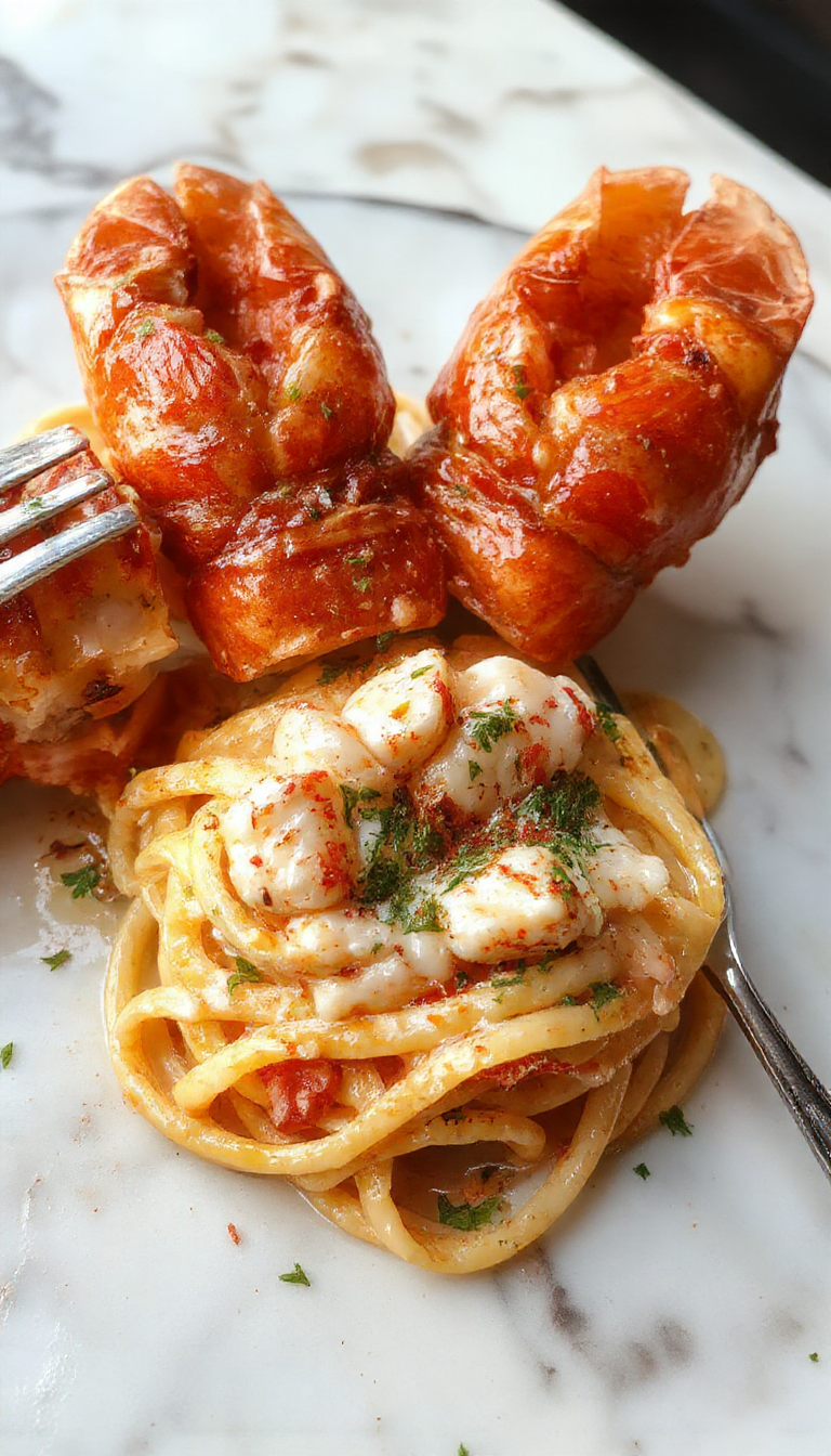 A close-up view of a creamy lobster pasta dish served in a white bowl, featuring tender lobster pieces atop al dente pasta coated in a rich, velvety white sauce. Garnished with fresh chopped parsley and a sprinkle of grated Parmesan, the vibrant orange lobster contrasts beautifully with the pale sauce and golden pasta. The background includes a rustic wooden table with a glass of white wine and a lemon wedge for garnish.