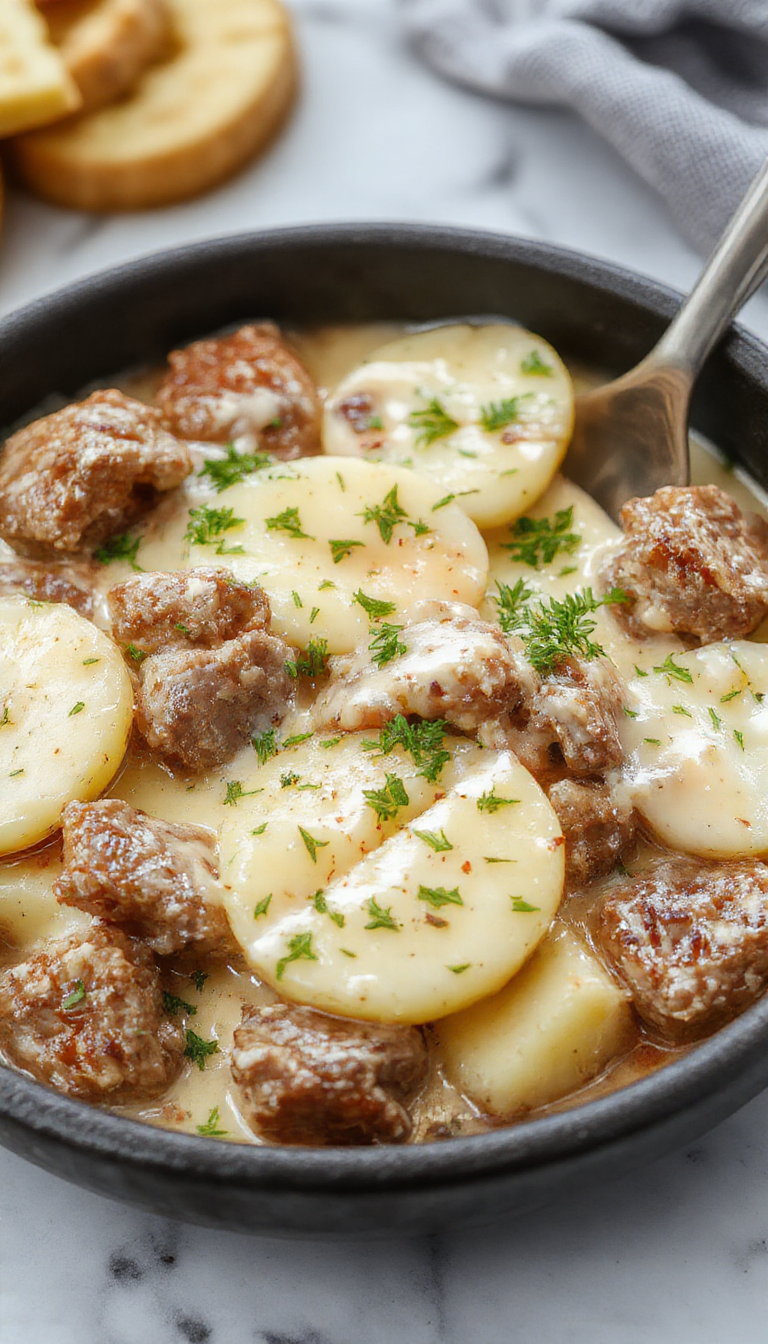 A colorful skillet filled with tender sliced potatoes, juicy pieces of meat, and a rich creamy sauce. The dish is served on a rustic wooden table garnished with fresh herbs, showcasing a golden-brown crust on the meat and a velvety sauce coating the potatoes, with a pleasing blend of warm browns and creamy whites that evoke comfort and hearty deliciousness.