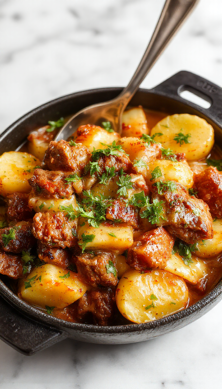 A vibrant plate featuring a golden-brown skillet filled with tender sliced potatoes, succulent chunks of meat coated in a rich creamy sauce, garnished with fresh herbs, all presented on a rustic wooden table with a side of green vegetables.