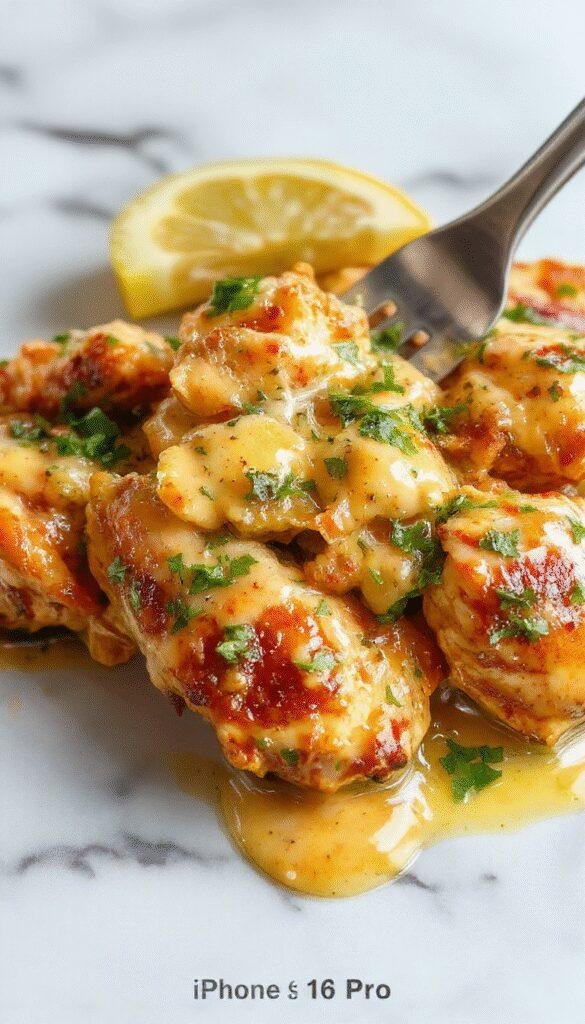 A close-up of a succulent piece of chicken coated in a creamy sauce with herbs, served on a rustic plate with fresh parsley garnish, highlighting a tender, melt-in-your-mouth texture and rich, golden color.