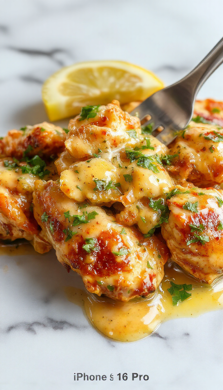 A close-up of a succulent piece of chicken coated in a creamy sauce with herbs, served on a rustic plate with fresh parsley garnish, highlighting a tender, melt-in-your-mouth texture and rich, golden color.