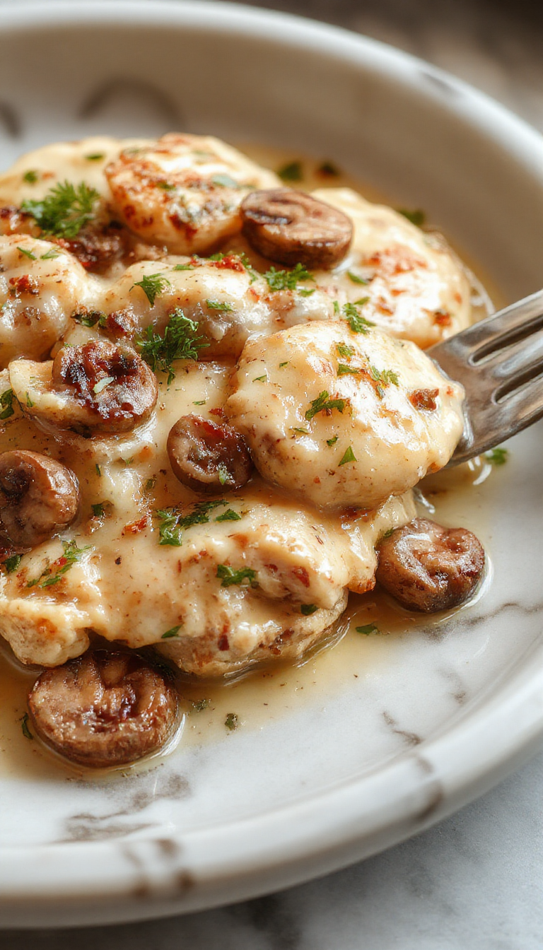 A plate of creamy mushroom chicken garnished with fresh herbs, served alongside steamed vegetables and rice.
