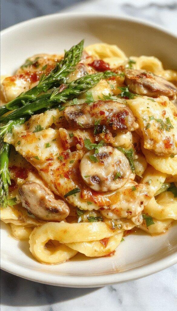 A vibrant plate of creamy mushroom and asparagus chicken penne pasta, with tender chicken pieces, fresh green asparagus spears, and sliced mushrooms coated in a rich, glossy cheese sauce. The dish is garnished with chopped herbs and served on a white ceramic plate, highlighting the colorful ingredients and velvety textures, styled on a rustic wooden table.