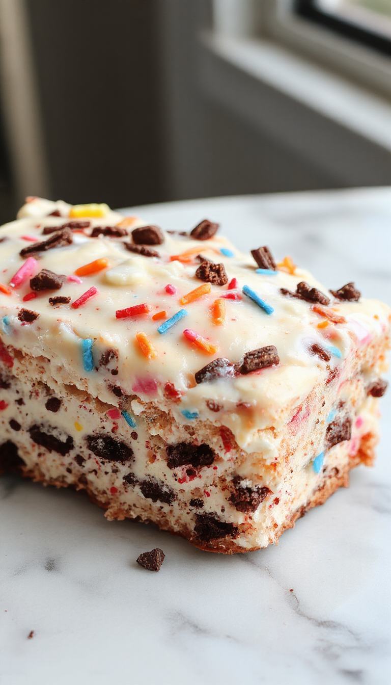 Colorful layered no-bake Funfetti Oreo Icebox Cake presented in a clear glass dish, topped with sprinkles and crushed Oreos, with a vibrant background, inviting textures of creamy frosting, crunchy cookies, and colorful rainbow sprinkles.