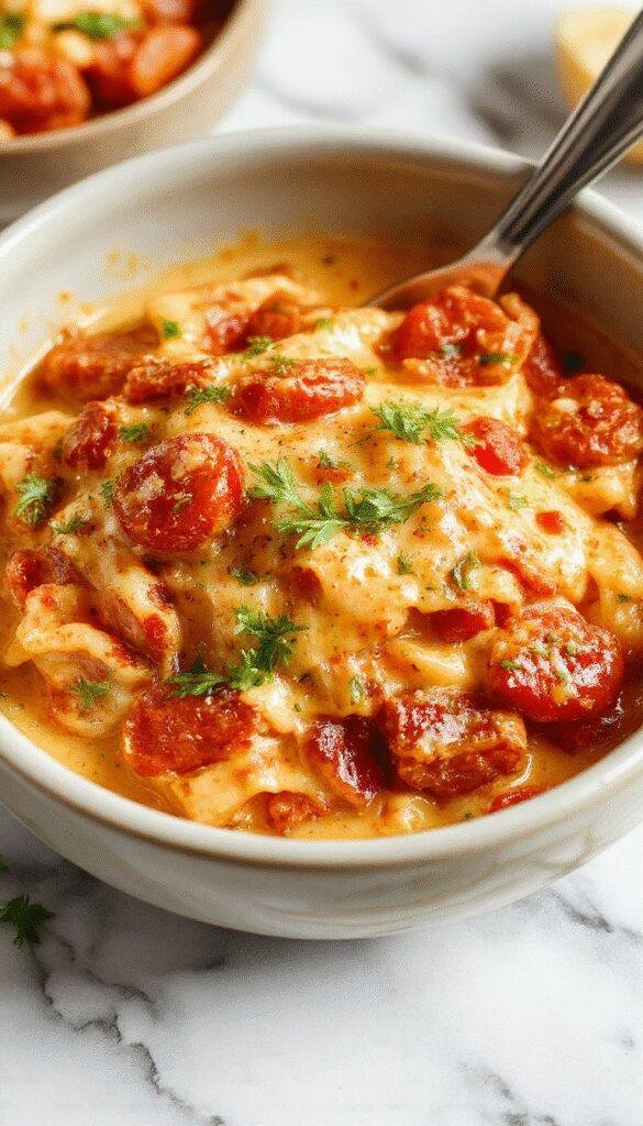 A vibrant bowl of creamy tomato pasta featuring a rich, red sauce with a silky texture, garnished with fresh basil and grated cheese, served in a rustic white bowl with steam rising, placed on a wooden table with scattered cherry tomatoes and garlic cloves.