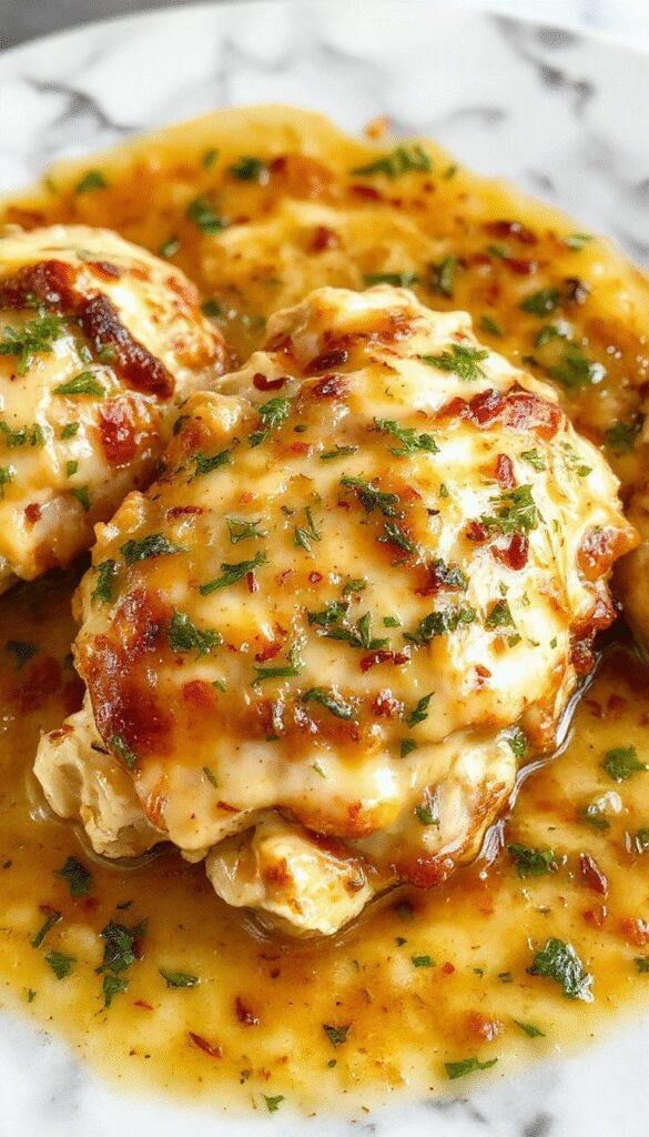 A close-up of golden-brown creamy oven-baked chicken thighs arranged on a white plate, topped with fresh herbs and a glossy sauce backdrop of rustic wooden table and vibrant green herbs.