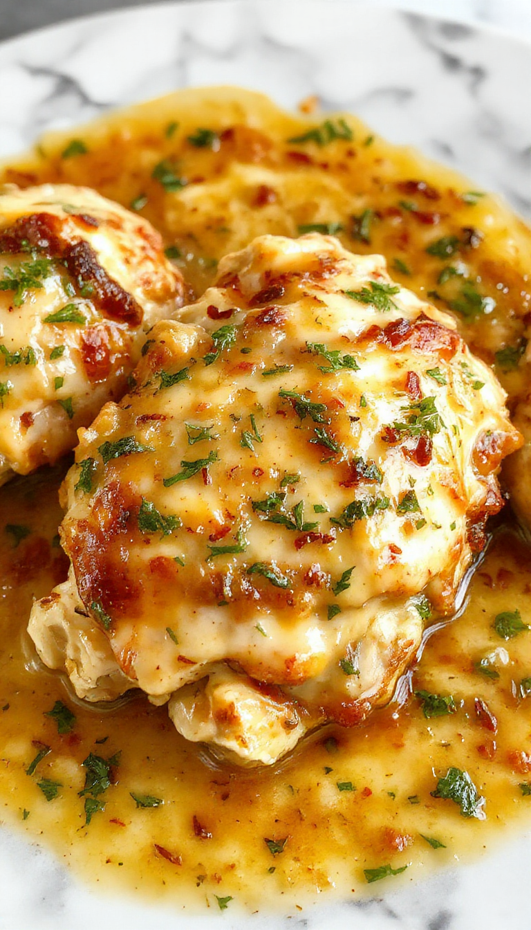 A close-up of golden-brown creamy oven-baked chicken thighs arranged on a white plate, topped with fresh herbs and a glossy sauce backdrop of rustic wooden table and vibrant green herbs.