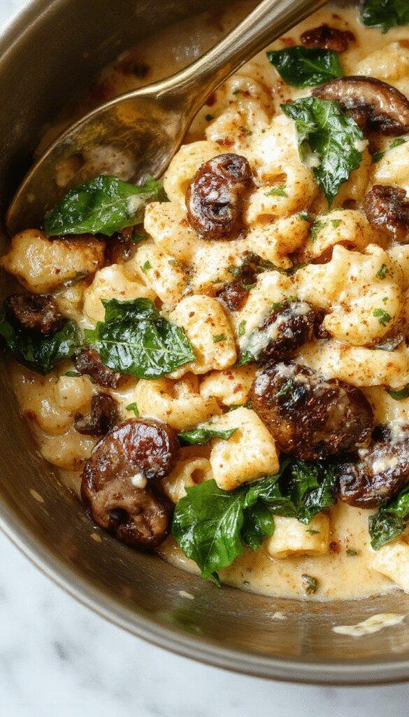 A vibrant skillet filled with creamy pasta topped with fresh spinach, sautéed mushrooms, and grated parmesan cheese. The dish is beautifully plated with a sprinkle of herbs, showcasing the rich textures and colorful ingredients against a rustic wooden background.