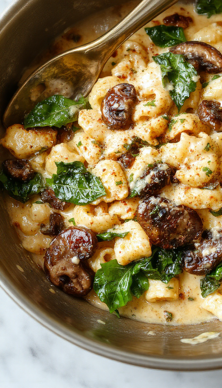 A vibrant skillet filled with creamy pasta topped with fresh spinach, sautéed mushrooms, and grated parmesan cheese. The dish is beautifully plated with a sprinkle of herbs, showcasing the rich textures and colorful ingredients against a rustic wooden background.