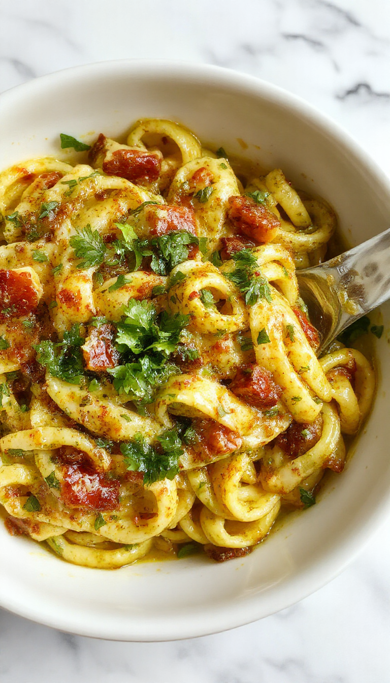 A vibrant plate of creamy pesto pasta featuring spiraled spaghetti coated in rich green pesto sauce, garnished with fresh basil leaves and grated Parmesan, served on a rustic white plate with a sprig of basil on top, styled simply on a dark wooden table with scattered pine nuts and a drizzle of olive oil for an inviting, colorful presentation.