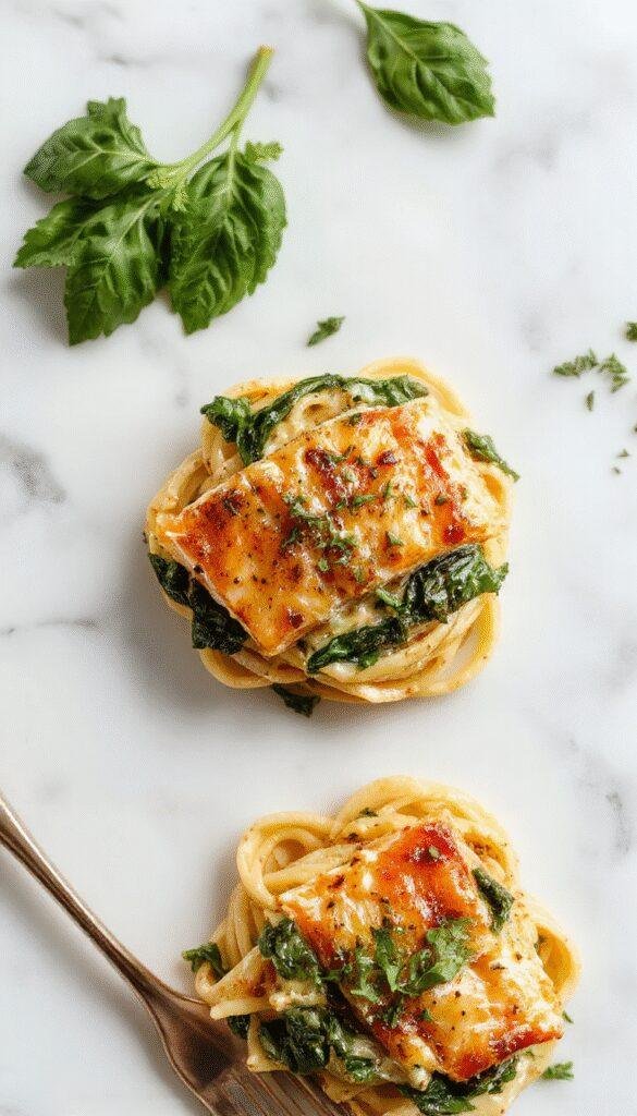 A vibrant plate of creamy salmon spinach pasta featuring flaky salmon fillets atop a bed of al dente pasta coated in a luscious white sauce, garnished with fresh spinach and herbs. The dish is beautifully styled with contrasting colors, highlighting the creamy sauce, tender salmon, and bright green spinach, plated on a white ceramic dish with rustic wooden background.