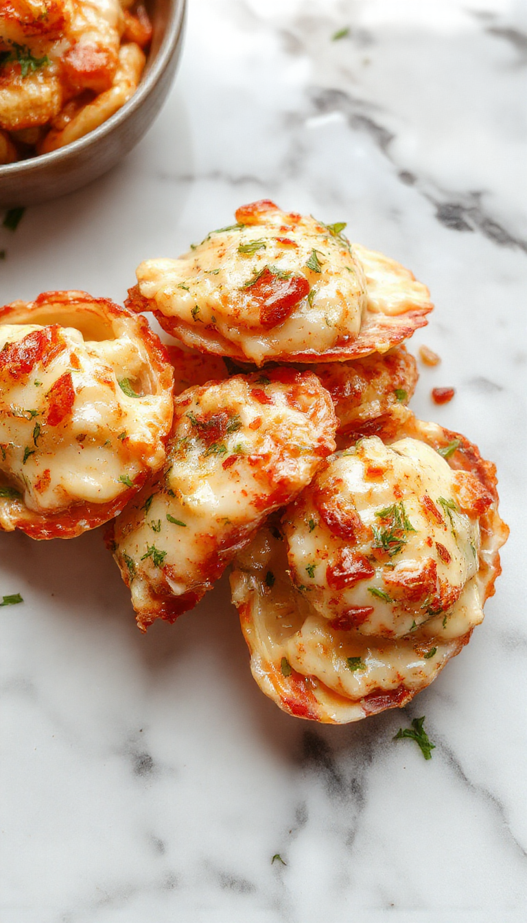 A vibrant plate featuring large stuffed pasta shells generously filled with a creamy seafood mixture, topped with fresh herbs and a sprinkle of grated cheese, presented on a rustic white dish with a colorful background and drizzled sauce, showcasing textures from tender shells to luscious filling.