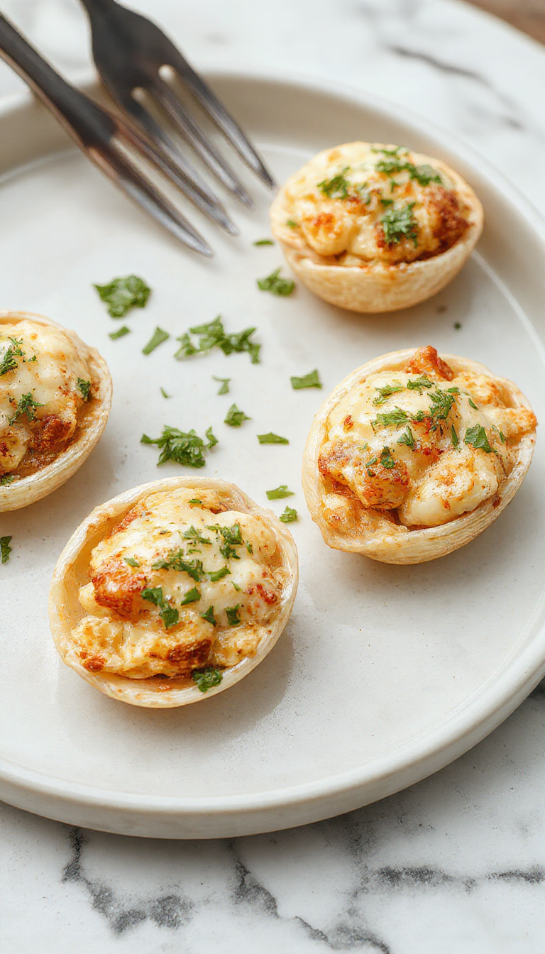 Colorful creamy seafood stuffed shells arranged on a white plate, garnished with fresh herbs, topped with melted cheese, with a vibrant backdrop of lemon wedges and parsley, showcasing creamy textures and golden baked edges.